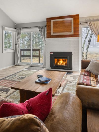 Cozy living room with fireplace and forest view through large windows.