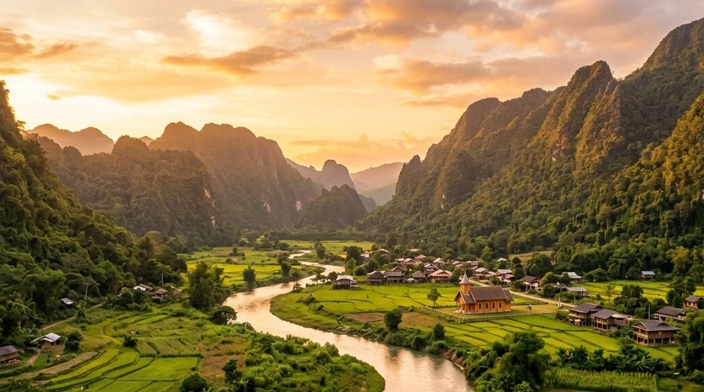 Peaceful village nestled in green valley with winding river and mountains at sunset.