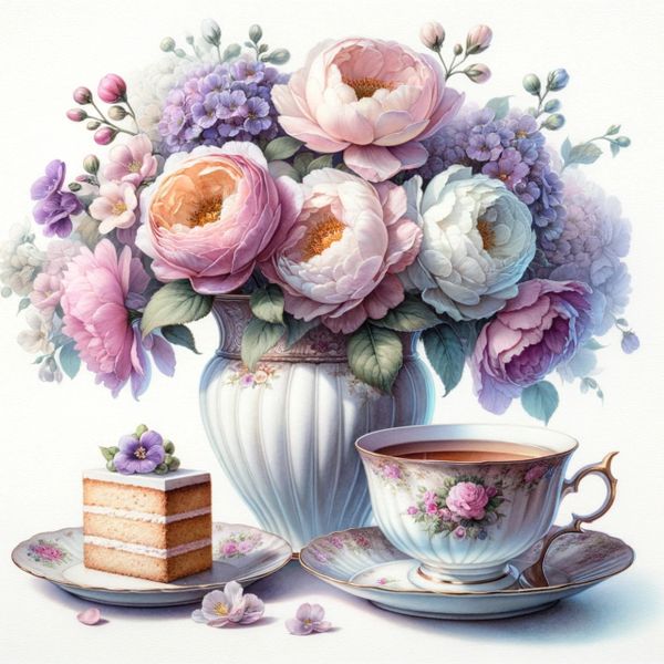 Elegant bouquet of pastel flowers with tea and cake.