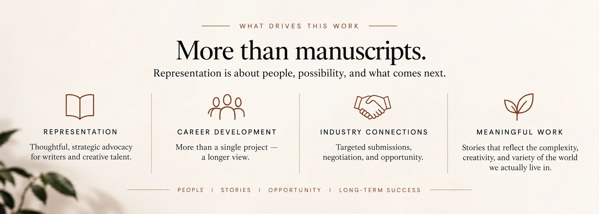 Core values driving creative representation and career growth.