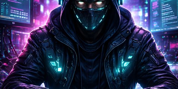 Cyberpunk hacker in a glowing mask and hoodie typing intensely at multiple screens.