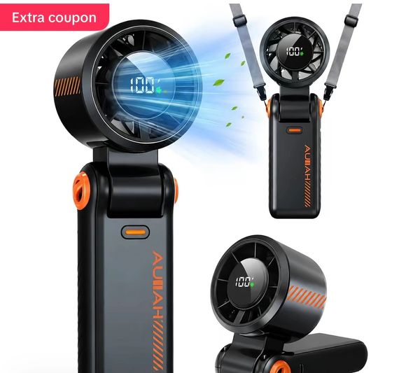 Portable mini fan with digital display and strap.