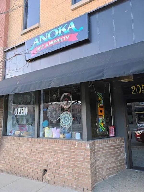 Front view of Anoka Art &amp; Novelty shop with colorful window displays.