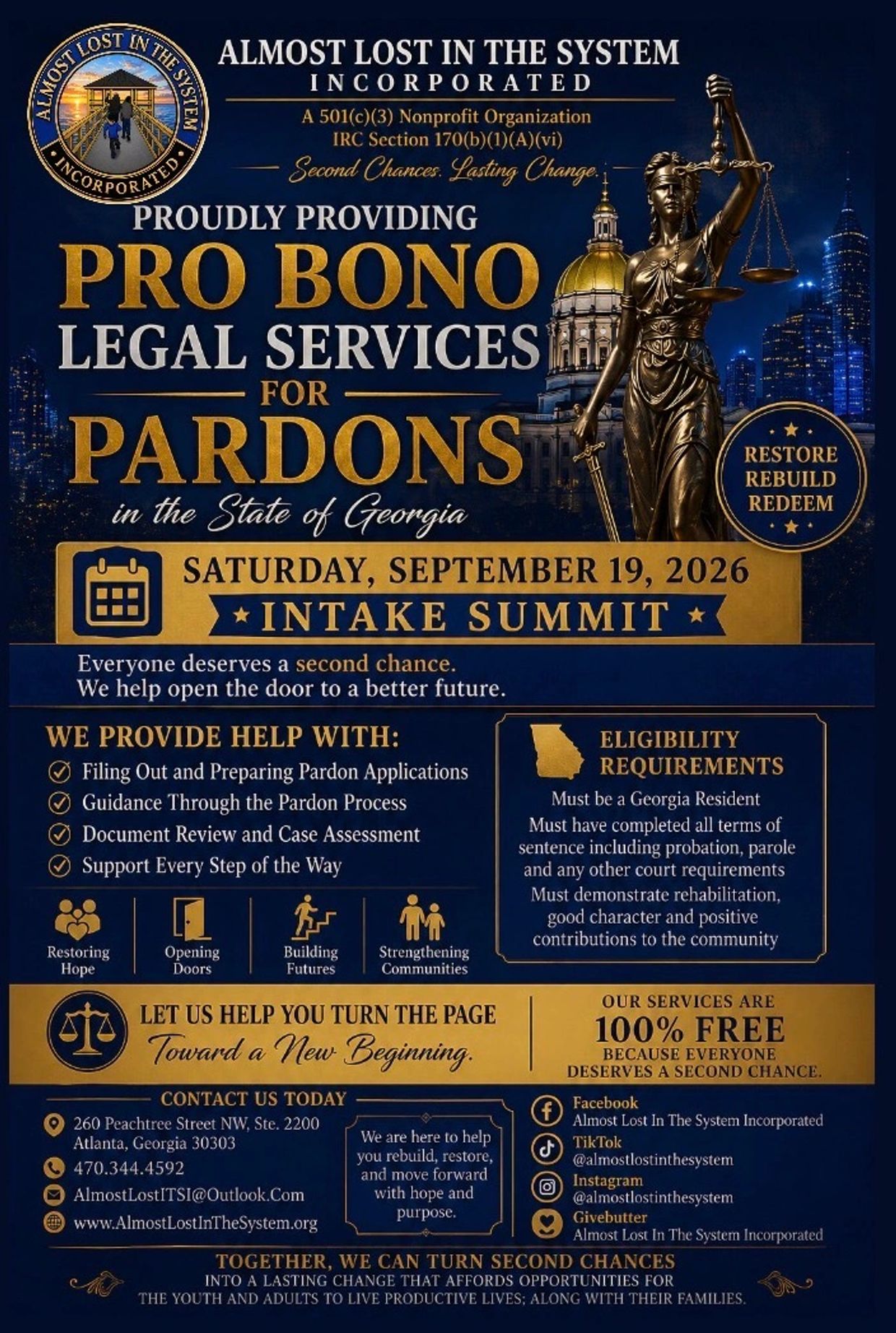Pro bono legal services for pardons in Georgia by Almost Lost In The System Incorporated on September 19, 2026.