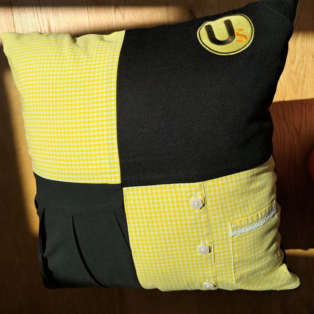 Yellow and black square memory cushion made from school uniform. Custom made.