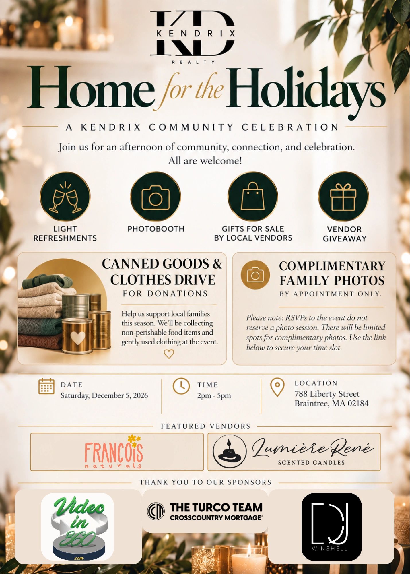 Community holiday celebration event with refreshments, photobooth, local vendor gifts, and giveaways.
