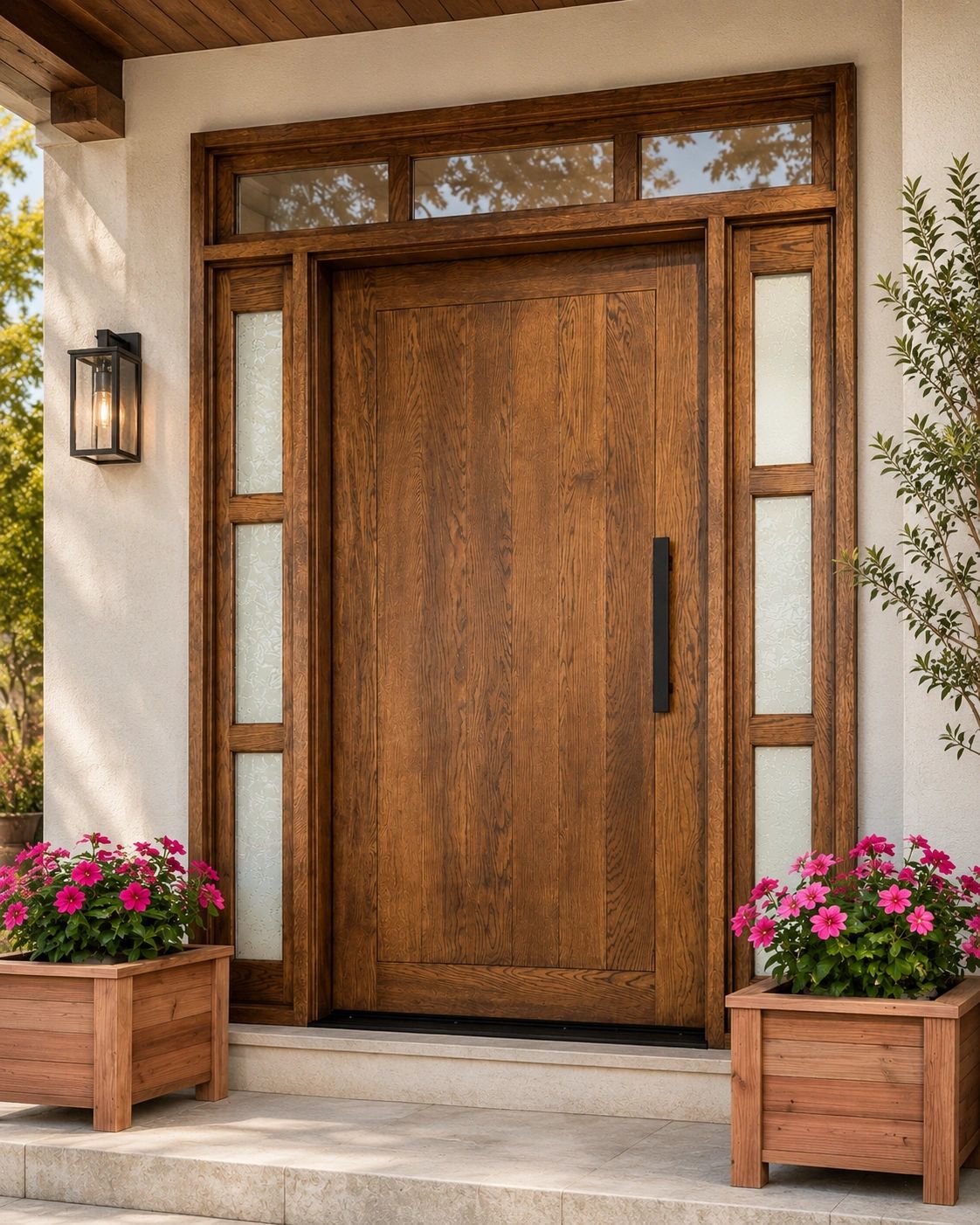 Elegant wooden front door with sidelights and planters.