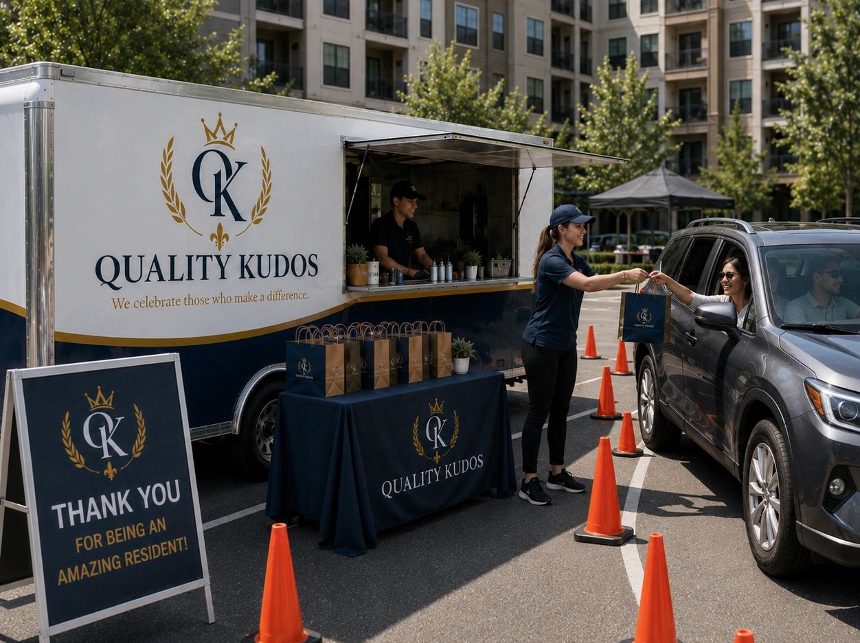 Quality Kudos offers gift bags to residents in a parking lot.