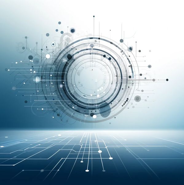 Abstract digital circuit with glowing lines and circular patterns on a blue gradient background.