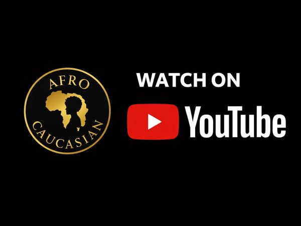 Afro Caucasian logo with YouTube watch prompt on black background.