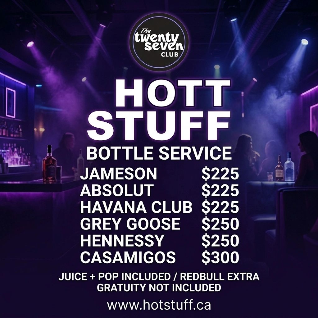 Nightclub bottle service menu with prices for Jameson, Absolut, Havana Club, Grey Goose, Hennessy, and Casamigos.