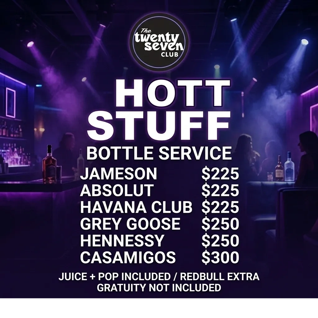 Nightclub bottle service menu with prices for Jameson, Absolut, Havana Club, Grey Goose, Hennessy, and Casamigos.