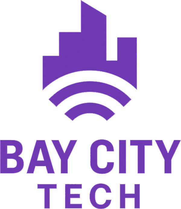 Purple logo with city skyline and Wi-Fi symbol, text 'Bay City Tech'.
