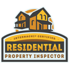 Logo for a residential property inspection service with houses and a shield.