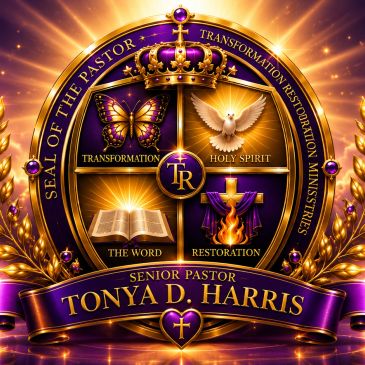 A golden seal featuring religious symbols and the name Tonya D. Harris.