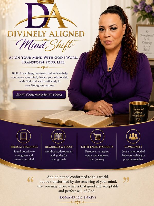 Woman presenting Divinely Aligned Mind Shift with Bible and cup.