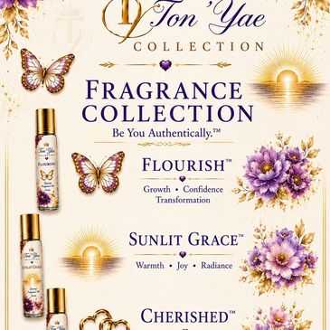 Advertisement for Ton Yae fragrance collection with floral designs and butterflies.