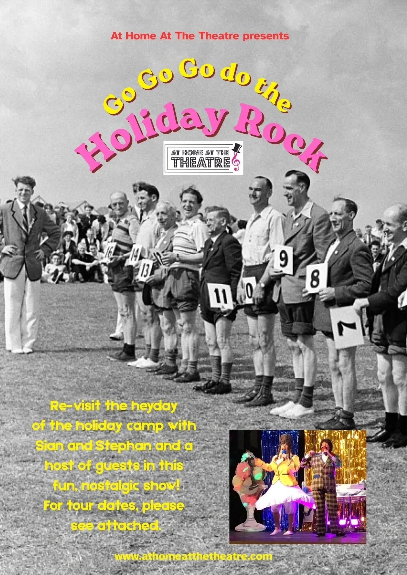 Vintage holiday camp photo with colorful promotional text for a nostalgic theatre show.
