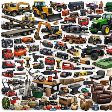 A large collection of miniature vehicles, tools, and household items arranged together.