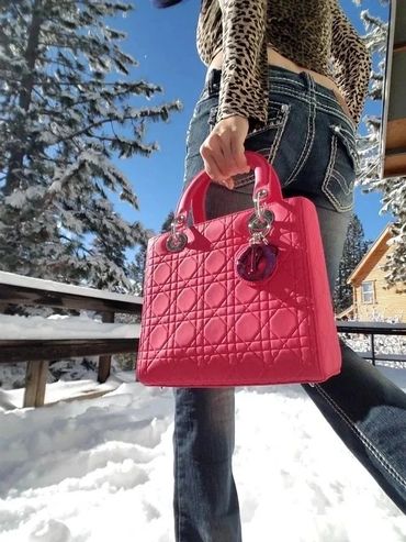 Red Lady Dior bag in snowy setting