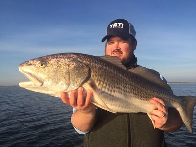 Man holding a large fish by the water.