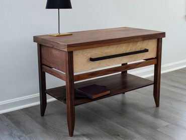 Custom build nightstand with black handle made from black walnut and birds eye maple handcrafted