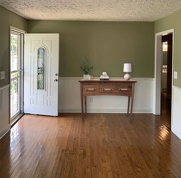 Custom wood table, staged in entryway 