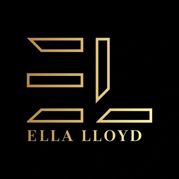 Elegant gold logo for Ella Lloyd on black background.