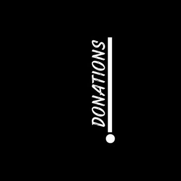 Vertical white text 'DONATIONS' with a line and dot on a black background.