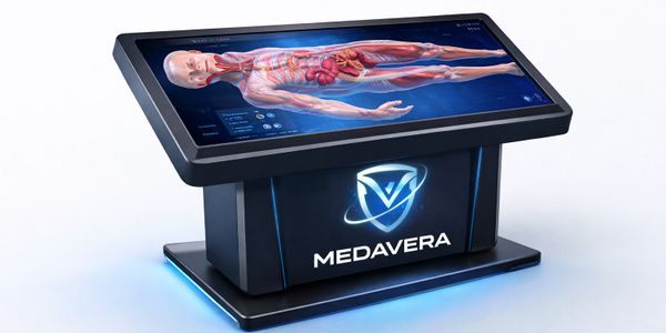 Interactive Medavera anatomical touchscreen table displaying human internal organs.