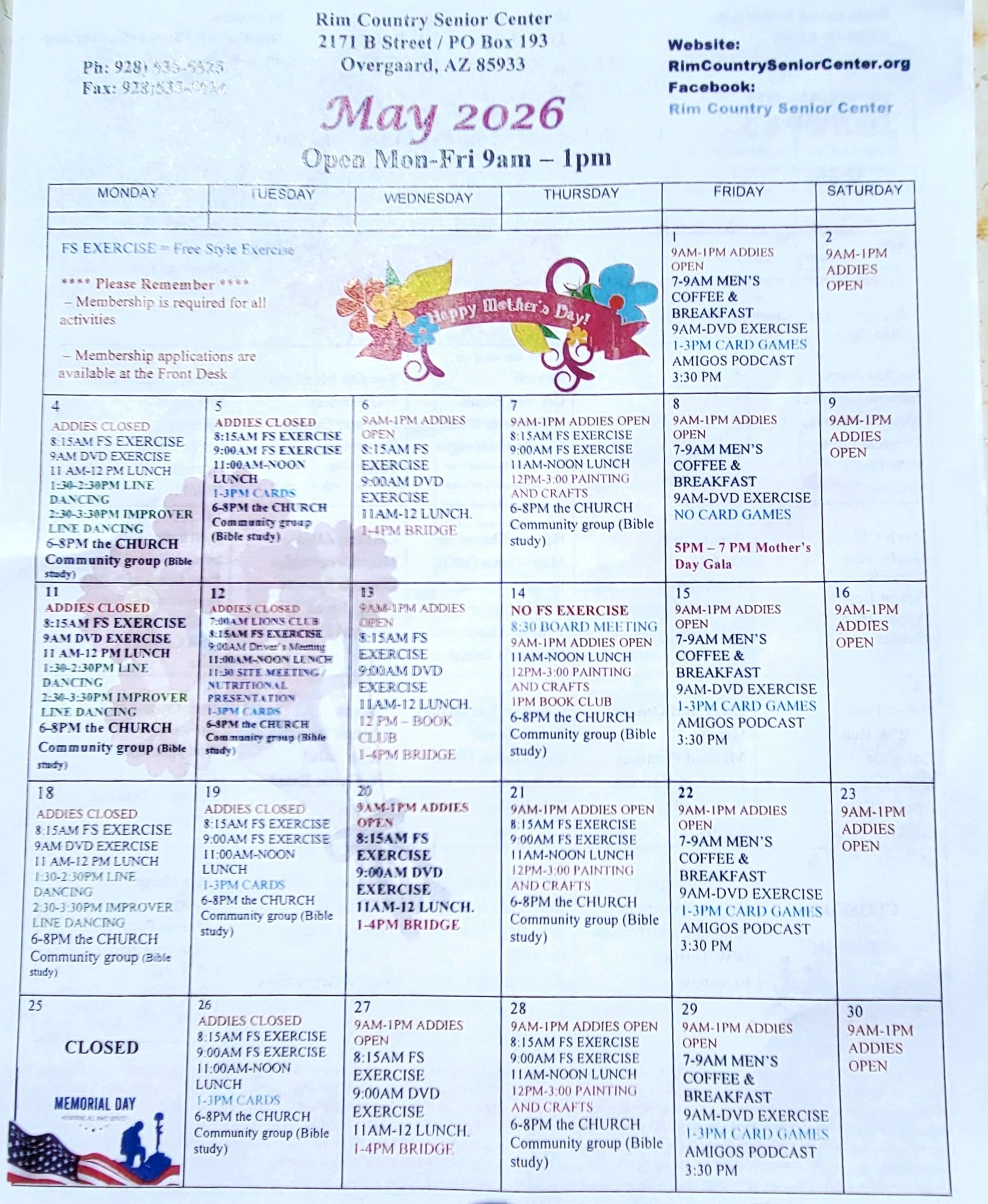 May 2026 calendar for Rim Country Senior Center with exercise, lunch, and community activities.