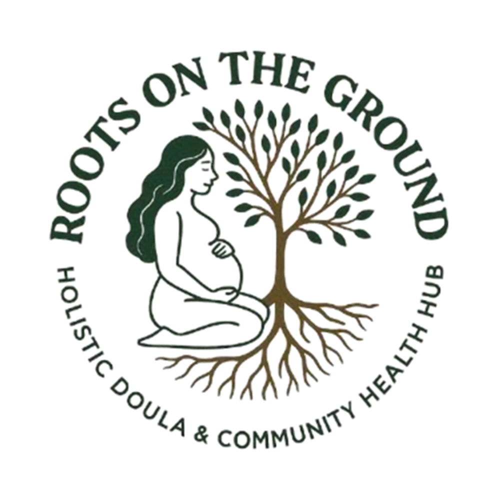 Logo of Roots on the Ground featuring a pregnant woman and a tree with roots.