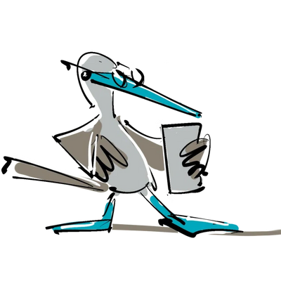 Cartoon bird sipping a drink through a straw, holding a cup.