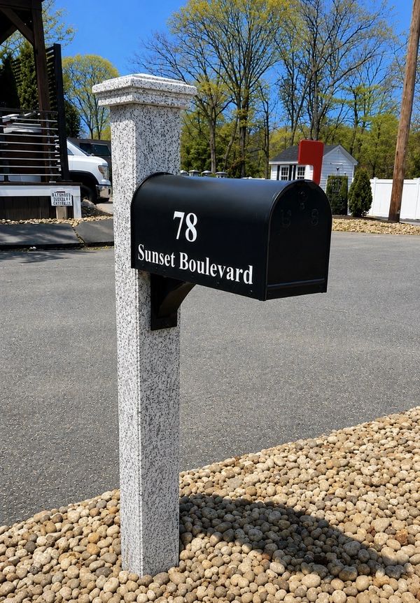 Black mailbox on a speckled white post with address 78 Sunset Boulevard.