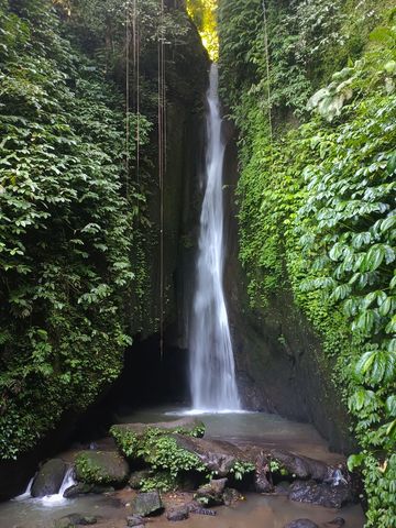 A serene waterfall cascading between lush green cliffs.