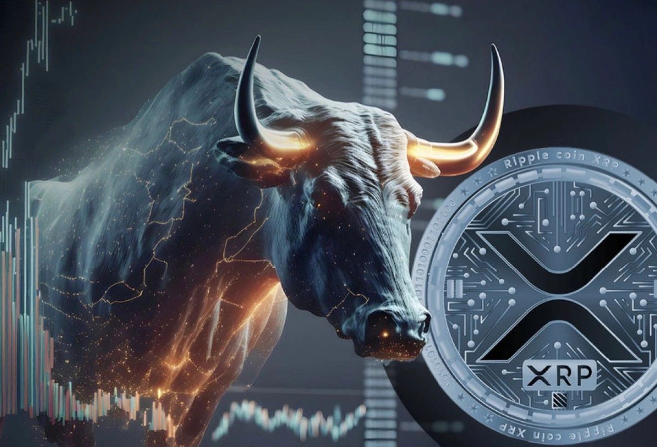 Bull symbol with XRP Ripple coin and financial charts.