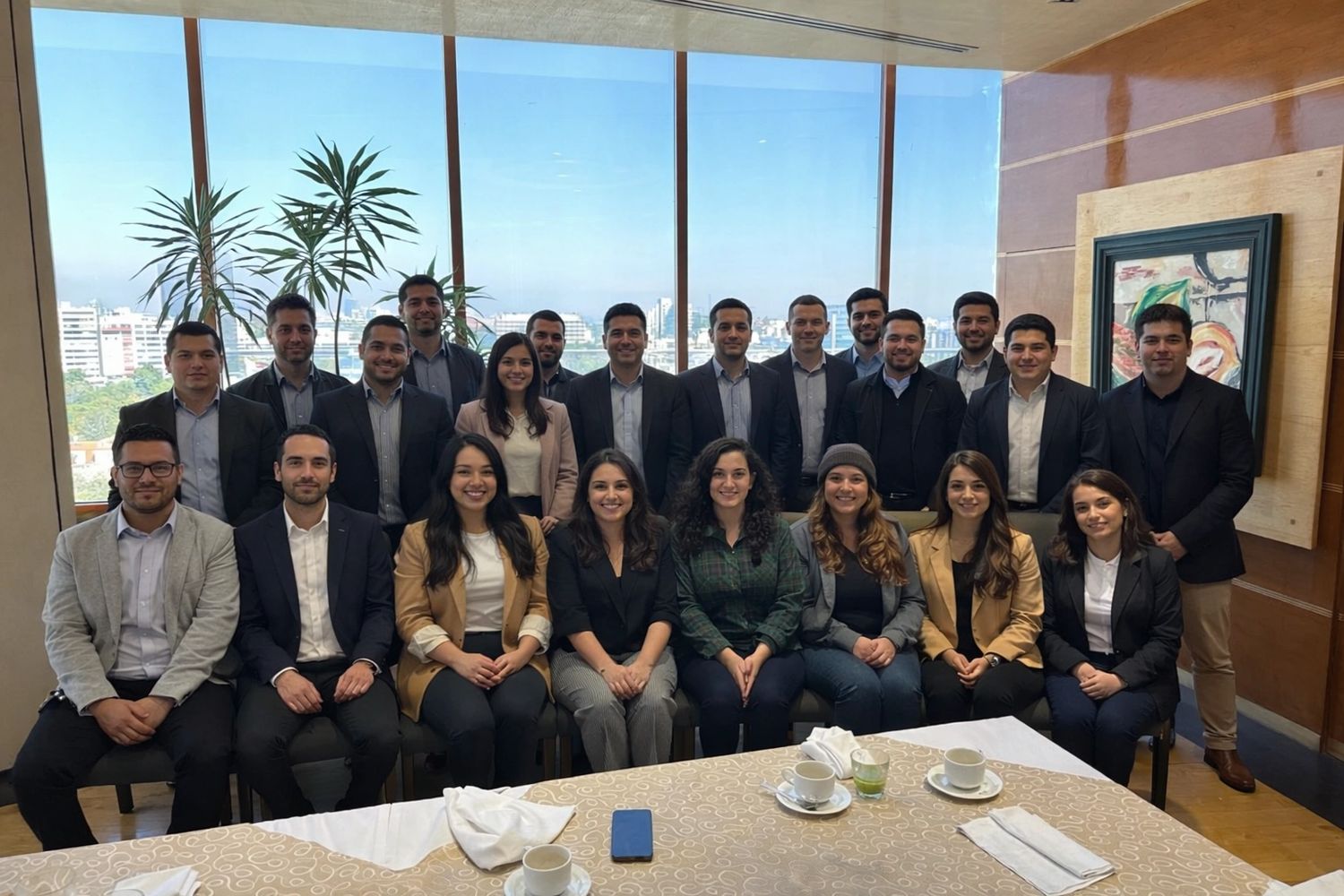 Un grupo grande de profesionales posando en una sala de conferencias con vista a la ciudad detrás de ellos.