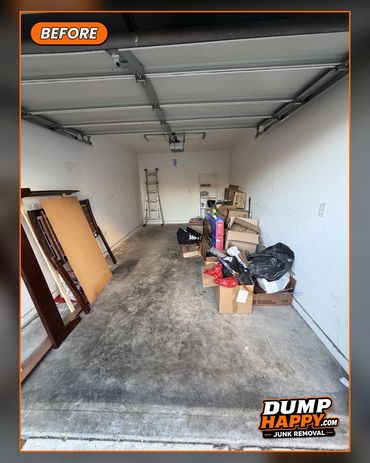 Cluttered garage with boxes and furniture parts before cleanup.