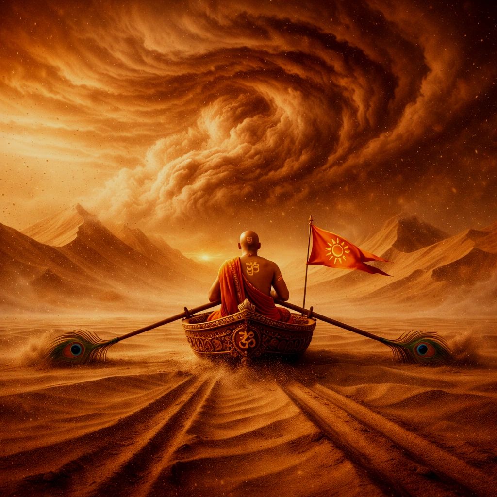 Solopreneur rowing through a sandstorm desert, symbolizing resilience and long-term vision