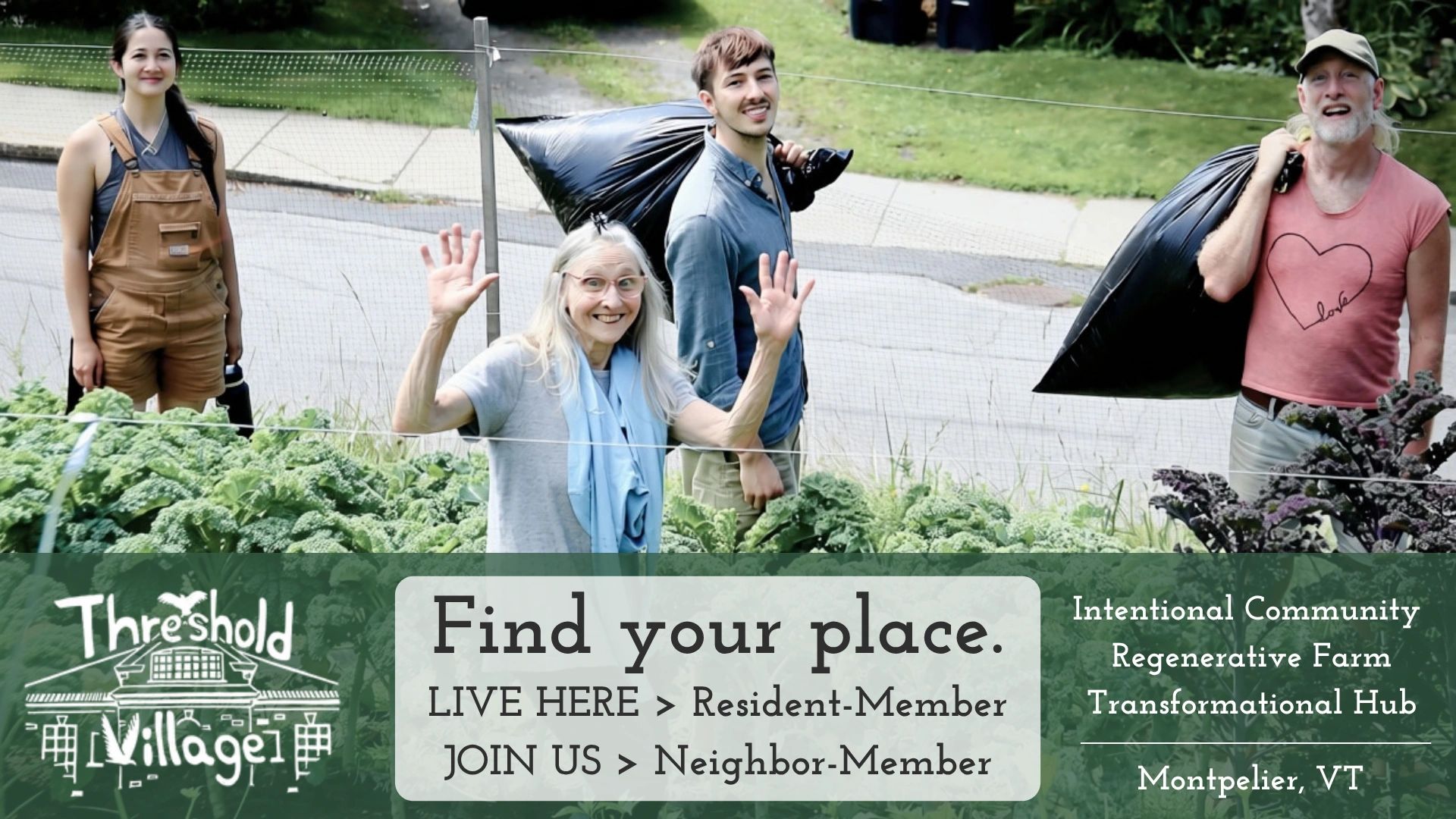 Four people smiling on a community farm with promotional text for Threshold Village.