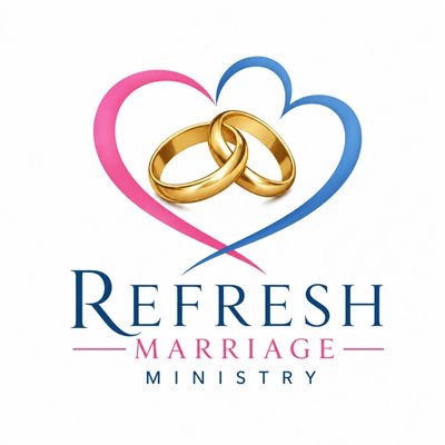 Logo with intertwined gold rings and hearts representing marriage ministry.