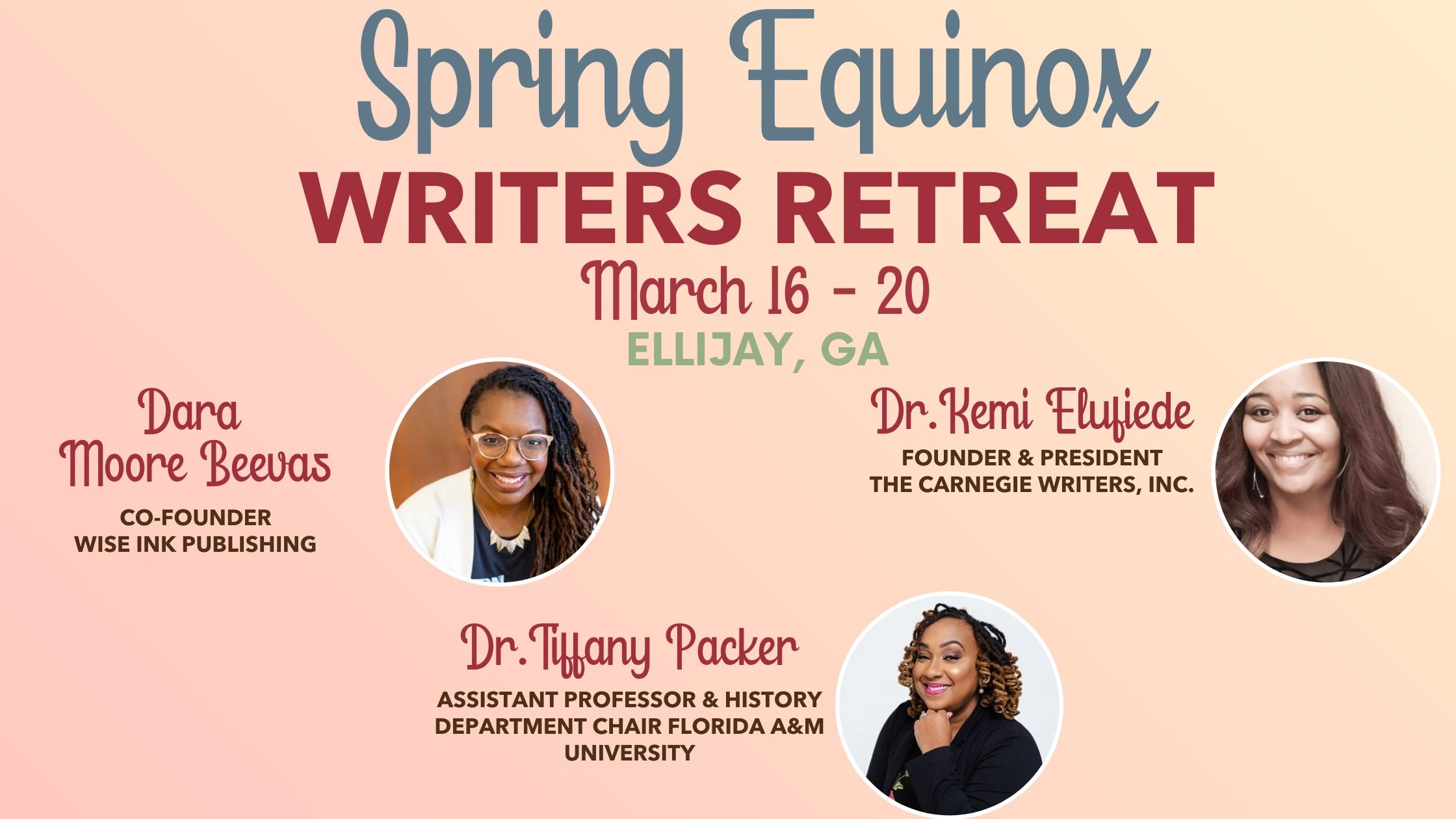 Spring Equinox Writers Retreat March 16-20 in Ellijay, GA with featured speakers.