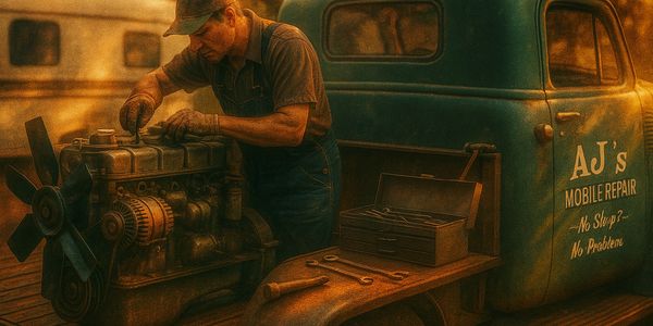 Man working on engine in the back of his truck, with a RV in the back ground.