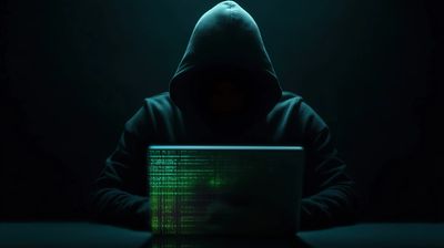 A hooded figure hacking on a laptop in the dark.