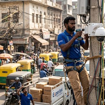 Technician installing security camera on a busy street pole.