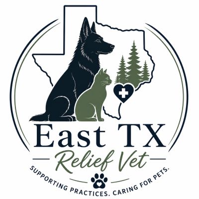 Logo for East TX Relief Vet featuring a dog, cat, and Texas outline with trees.