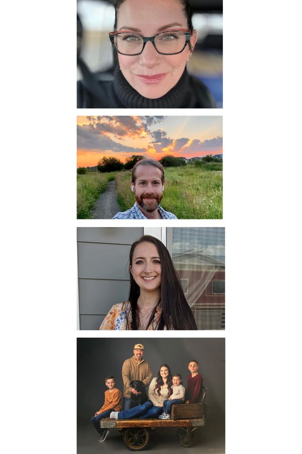 Collage of individual and family portraits with natural and studio backgrounds.
