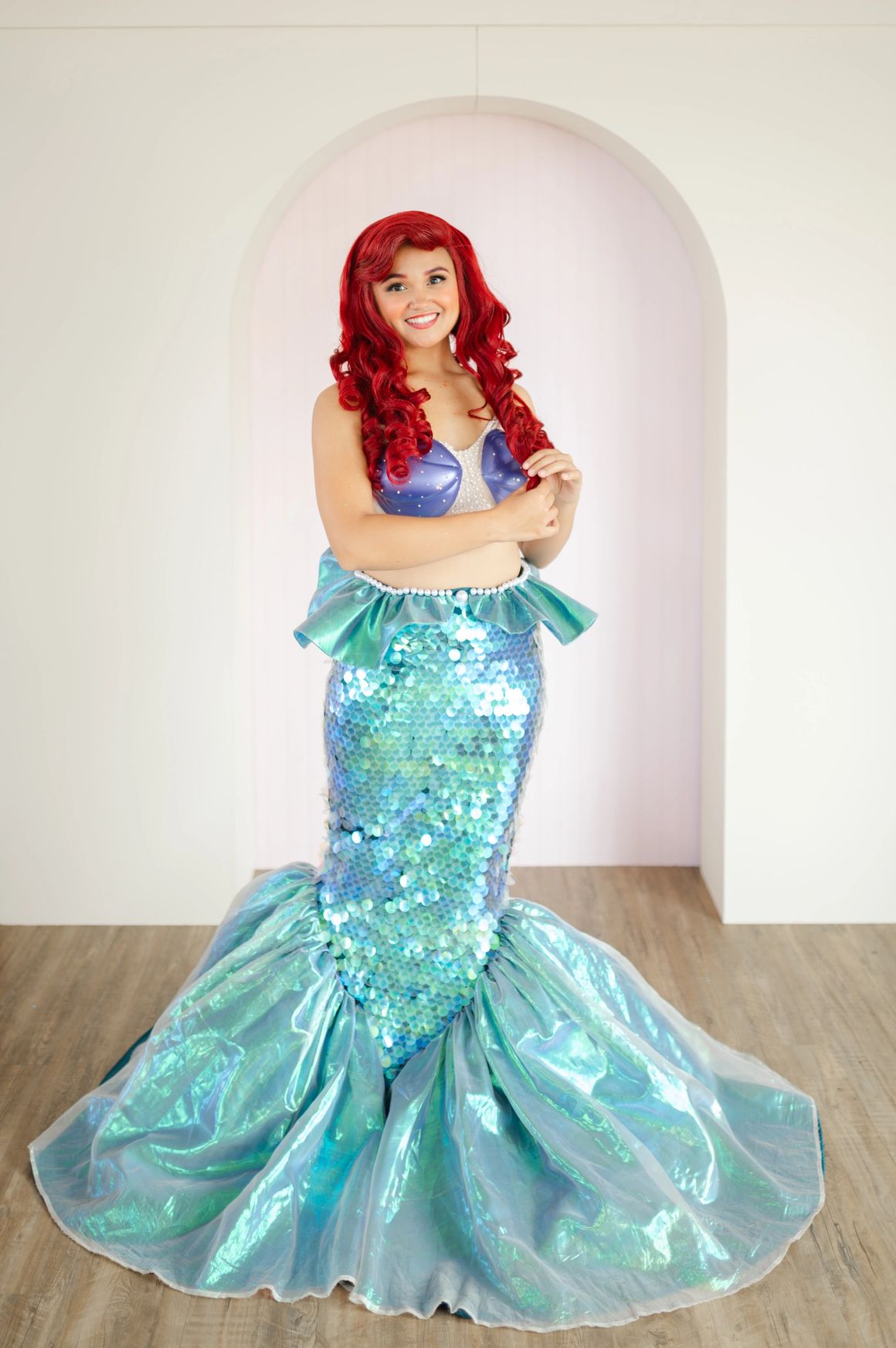 Mermaid character performer in walkable tail costume at a kids party event in Delaware