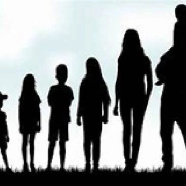 Silhouettes of six individuals standing outdoors against a light sky.