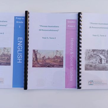 Three educational booklets on Australian history and English for Year C, Term 2 students.